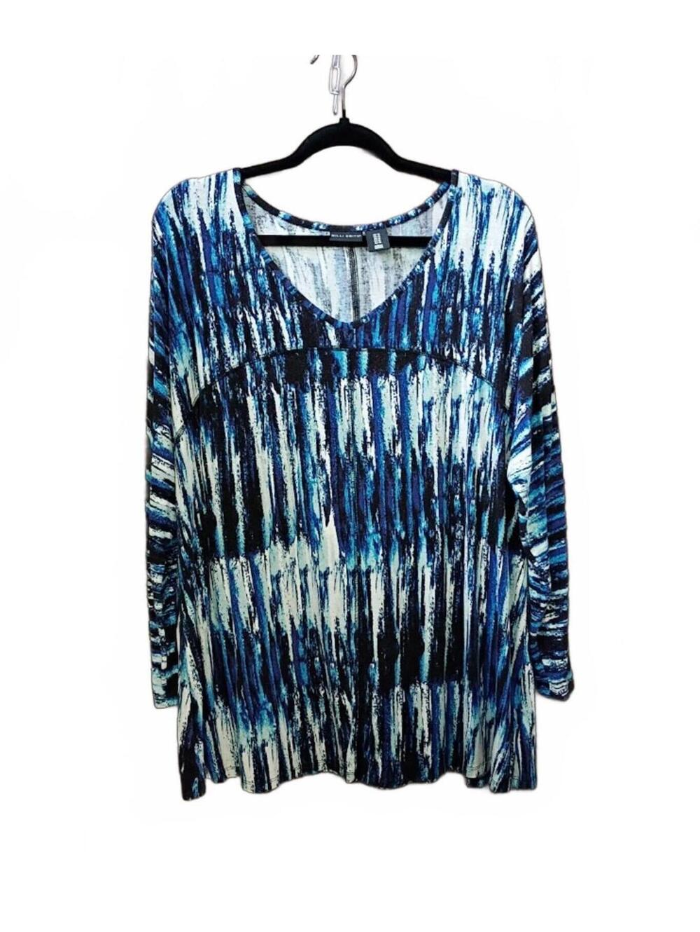 Willi Smith Blue Black White Printed 3/4 Sleeve Top Size Plus 1X